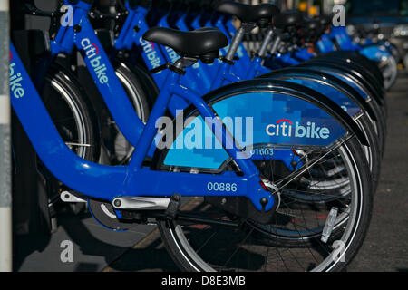 New York, NY, US. May 26, 2013.   Bicycles in Brooklyn stand ready for the start of New York City's bike sharing program on May 27.  Under the Citi Bike program, whose lead sponsor is Citibank, 6,000 bicycles at 300 stations in Manhattan and Brooklyn will be available for renting by people at least 16 years old. Credit: Joseph Reid/Alamy Live News Stock Photo
