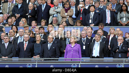 London, UK.  25th May 2013. German Chancellor Angela Merkel and FIFA president Michel Platini in the stands before   the Champions League Final between Bayern Munich and Borussia Dortmund from Wembley Stadium.Credit: Action Plus Sports Images/Alamy Live News Stock Photo