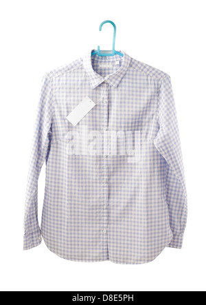 Blue plaid shirt with tab on hanger isolated on white background Stock Photo