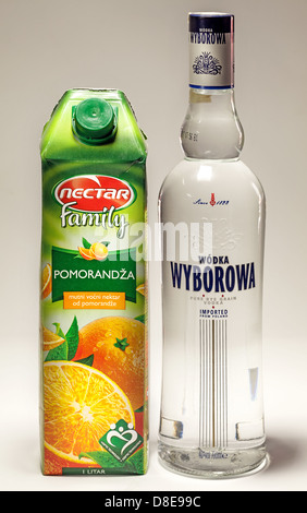 Cacak, Serbia - May 20, 2013: Orange Juice and Wyborowa Wodka, studio isolated. Stock Photo