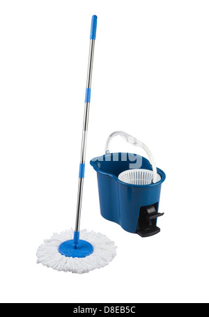 cleaning mop and blue bucket isolated on white background Stock Photo