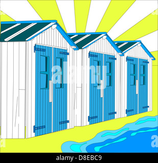 illustration of dutch little houses on beach, The Netherlands Stock Photo