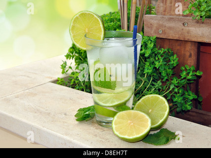 Cocktail Mojito made with run, mint and lime in summer terrace Stock Photo