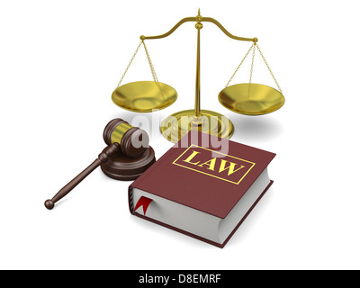 Gavel, scale and law book, isolated on white background, symbols of law and justice Stock Photo