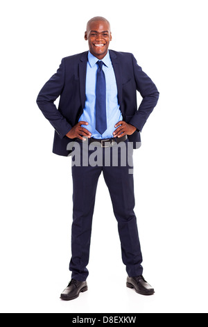 happy black businessman in suit isolated on white Stock Photo