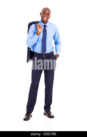 african businessman carrying jacket on shoulder isolated on white Stock Photo