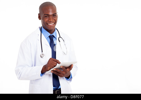 male african american medical doctor with tablet computer on white Stock Photo