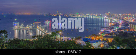 Pattaya City Bay from View Point at Night. Stock Photo