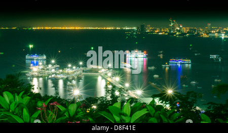 Pattaya City Pier from View Point at Night. Stock Photo