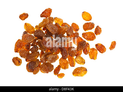 Heap of yellow sultana raisins isolated on white background Stock Photo