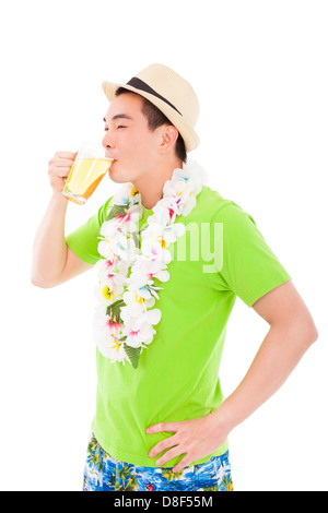 happy young man drinking beer at summer Stock Photo