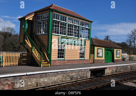 A view of the signal box at Corfe Castle railway station Dorset Stock Photo