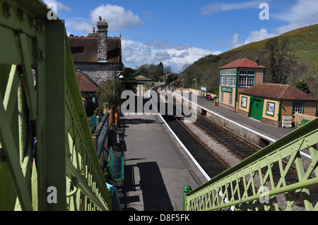 A view of Corfe Castle railway station Dorset Stock Photo