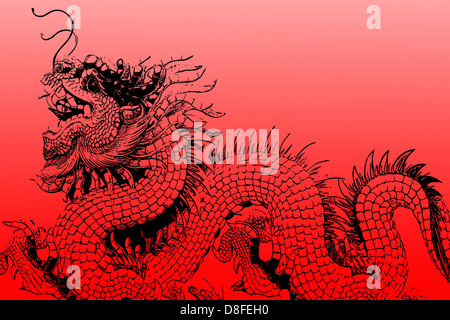 Chinese dragon statue in a temple,graphic lined design on red background. Stock Photo