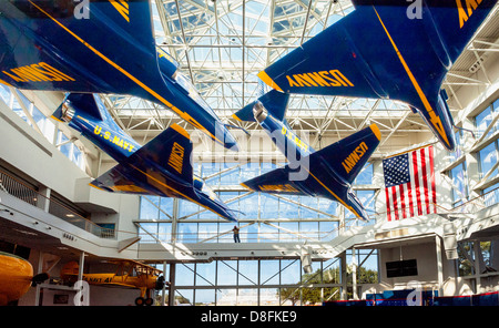 The meeting hall with jets hanging over head. At the National Naval Aviation Museum, Pensacola Florida. Stock Photo