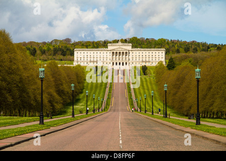 Stormont, Goverment seat in Northern Ireland. Politics, history, beautiful Belfast building. Portrait, blue sky, green, flag, assembly, architecture. Stock Photo