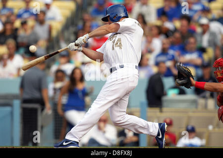 Los Angeles, California, USA. 27th May 2013. Los Angeles Dodgers second baseman Mark Ellis (14) swings and hits the ball during game one of the Freeway Series between the Los Angeles Angels and the Los Angeles Dodgers at Dodger Stadium on May 27, 2013 in Los Angeles, California. Rob Carmell/CSM/Alamy Live News Stock Photo