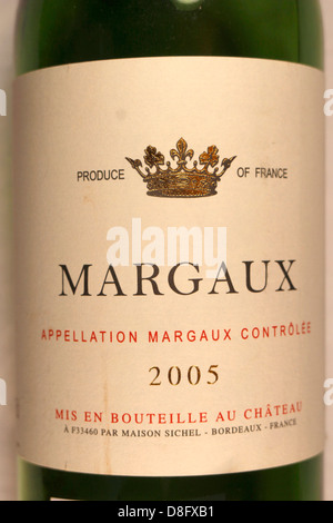 Wine label on bottle. Margaux 2005 French claret Stock Photo