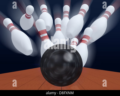 Skittles for game in bowling with ball Stock Photo