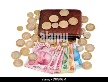 Turkish lira banknotes and coins isolated Stock Photo