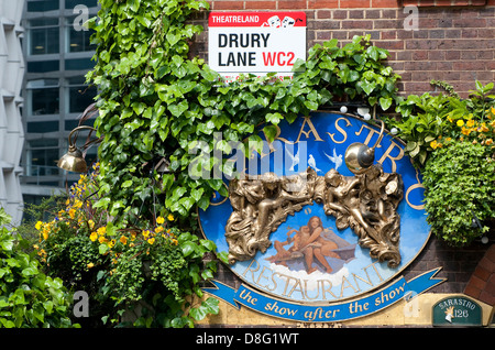 sarastro restaurant sign, drury lane, london, england