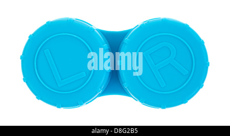 A blue contact lens case with left and right designations on a white background. Stock Photo