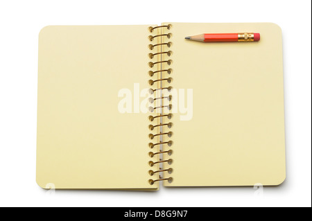 Notebook yellow paper and red pencil Stock Photo