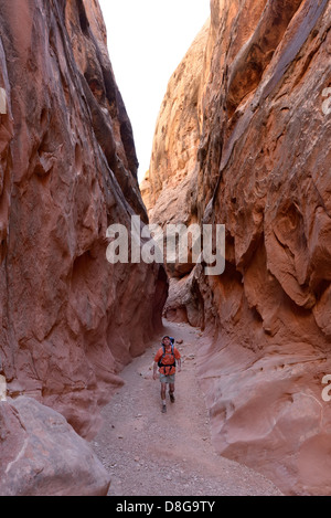 Backpacker in Little Wild Horse Canyon, San Rafael Swell, Utah. Stock Photo