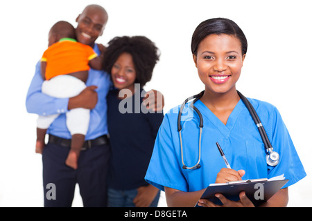 beautiful female African American nurse with family patients on background Stock Photo