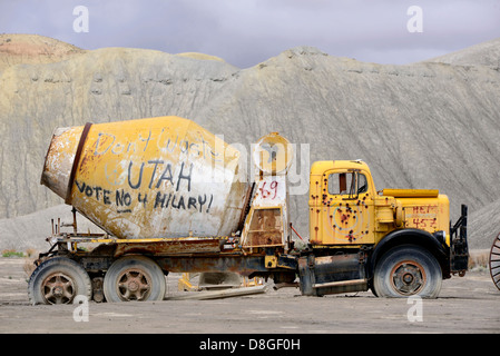 Old cement truck with grafitti, Caineville, Utah. Stock Photo