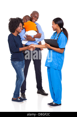 cute African american family with an intern nurse isolated on white Stock Photo