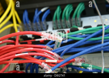 close up red rj45 switch and patch cables Stock Photo