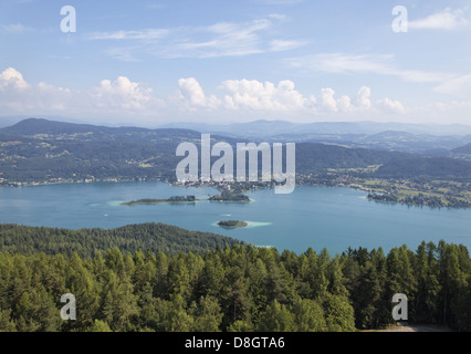 Austria, Carinthia, View of Pyramidentower observation tower, Wörthersee, Lake, Maria Wörth (village), Österreich, Carinthia; Stock Photo