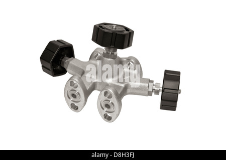 white, isolated, sensor, block, pressure, differential, manifold, industrial, outlet, object, technology, metal, equipment, stee Stock Photo