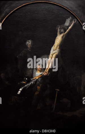 Rembrandt Harmenszoon van Rijn (1606-1669) Dutch painter and etcher.The raising of the cross. Alte Pinakothek. Munich. Germany. Stock Photo