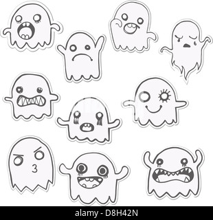 Set of 10 Cute Ghosts Stickers. Vector Image Stock Photo