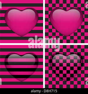 Vector - Set of Four Glossy Emo Hearts. Pink and Black Chess and Stripes Stock Photo