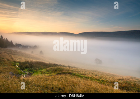 View into the valley in Scheibe Alsbach in the morning, Neuhaus am Rennweg, Sonneberg, Thuringian Forest, Thuringia, Germany Stock Photo