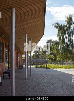 The Winchcombe School, Newbury, United Kingdom. Architect: Architype Limited, 2012. Canopy with timber cladding and metal column Stock Photo