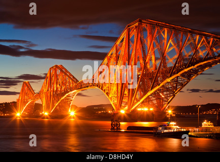 Forth rail bridge illuminated at night South Queensferry Edinburgh Midlothian Scotland UK GB Europe