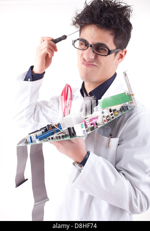 Computer engineer working on an old motherboard Stock Photo