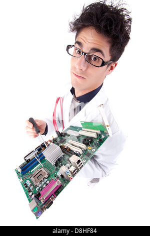 Computer engineer working on an old motherboard Stock Photo