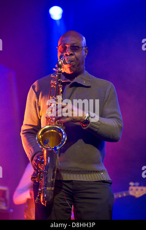 Manu Dibango Afrobeat jazz sax legend playing with his band at Hay Festival 2013 Hay on Wye Powys Wales UK Stock Photo