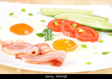 Breakfast with bacon, fried eggs and slices tomatoes on white plate