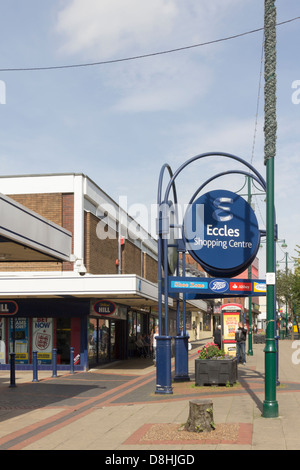 Sign at one entrance to Eccles shopping centre in Greater Manchester. The area has very few shoppers. Stock Photo