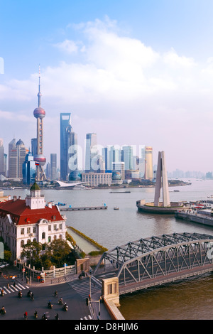 China, New Pudong skyline, Shanghai, Waibaidu (Garden) Bridge, looking across the Huangpu River from the Bund Stock Photo