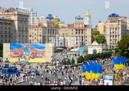 Independence day, Ukrainian national flags flying in Maidan Nezalezhnosti, (Independence Square) Kiev, Ukraine. Stock Photo