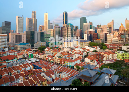 Elevated view over Chinatown, the new Buddha Tooth Relic temple and modern city skyline, Singapore, Asia Stock Photo