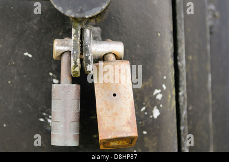 Two padlocks on a gate bolt, enabling the gate to be opened by unlocking any one padlock Stock Photo