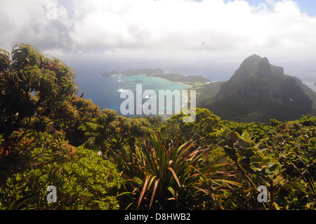 View from summit of Mt Gower over Mt Lidgbird and lagoon of Lord Howe Island, NSW, Australia Stock Photo